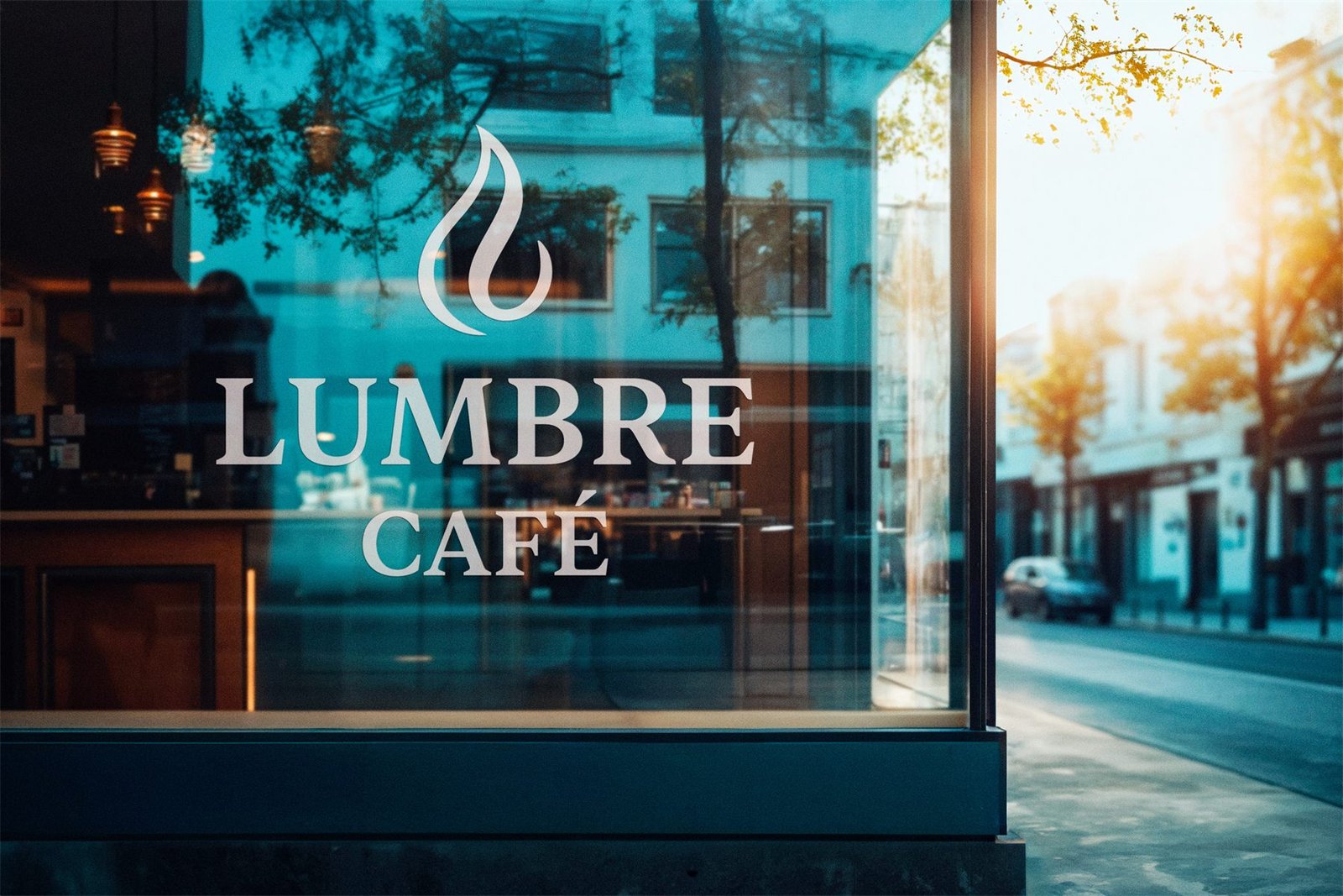 Vidriera de Lumbre Café con el logo grabado